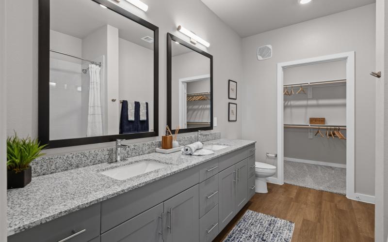 double sink vanity in well lit bathroom